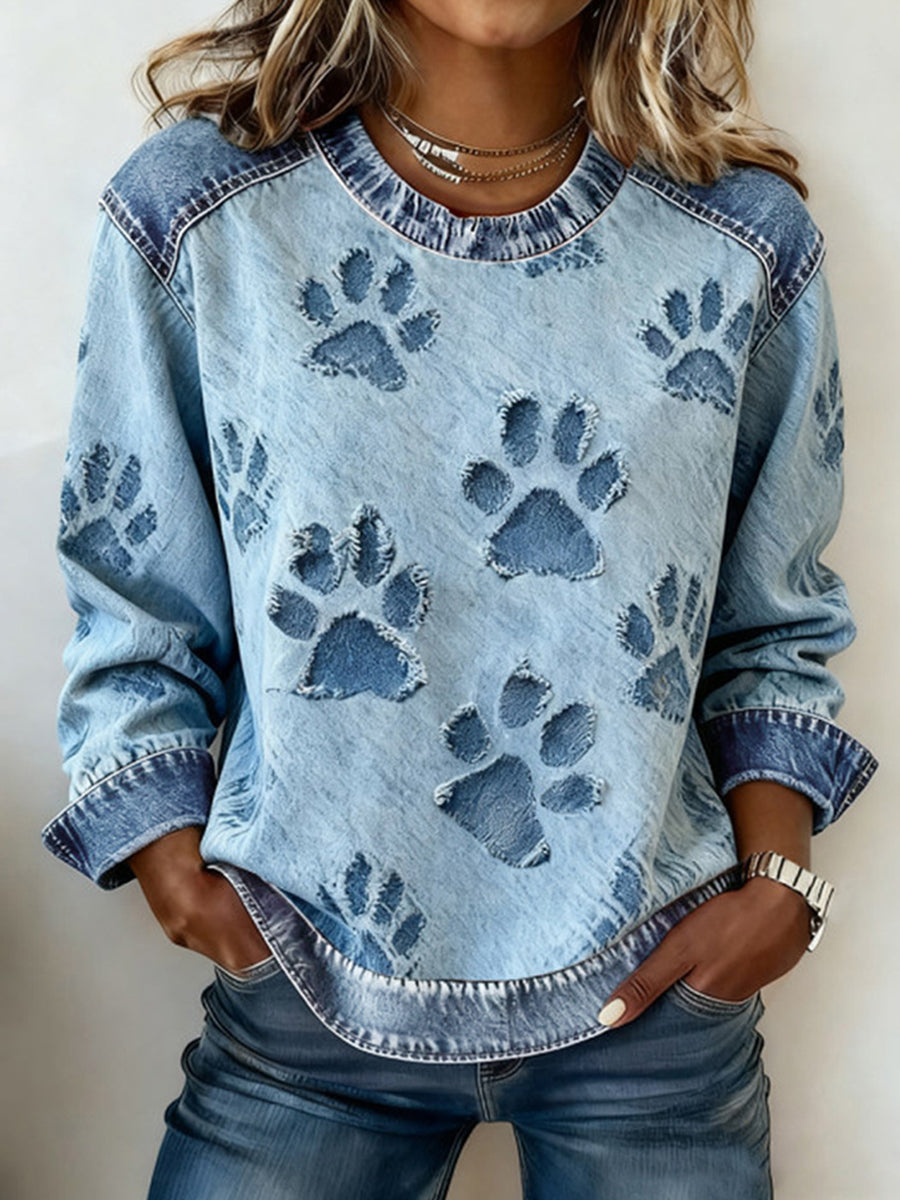 Vacation Light Blue Round Neck Long Sleeve Contrast Vintage Denim Blouses