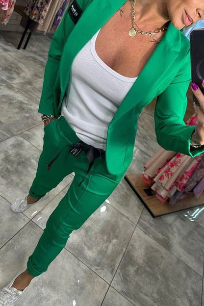 Smart Casual Lapel Blazer and Elastic Waist Tie Pocket Pants Set