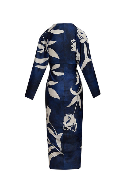 Brazilian Style Unique Print Dolman Long Sleeve Ruched Slit Midi Dress  Vestidos