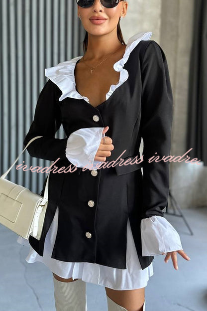 Altair Contrast Ruffled Shirt Patchwork Button Pleated Blazer Mini Dress