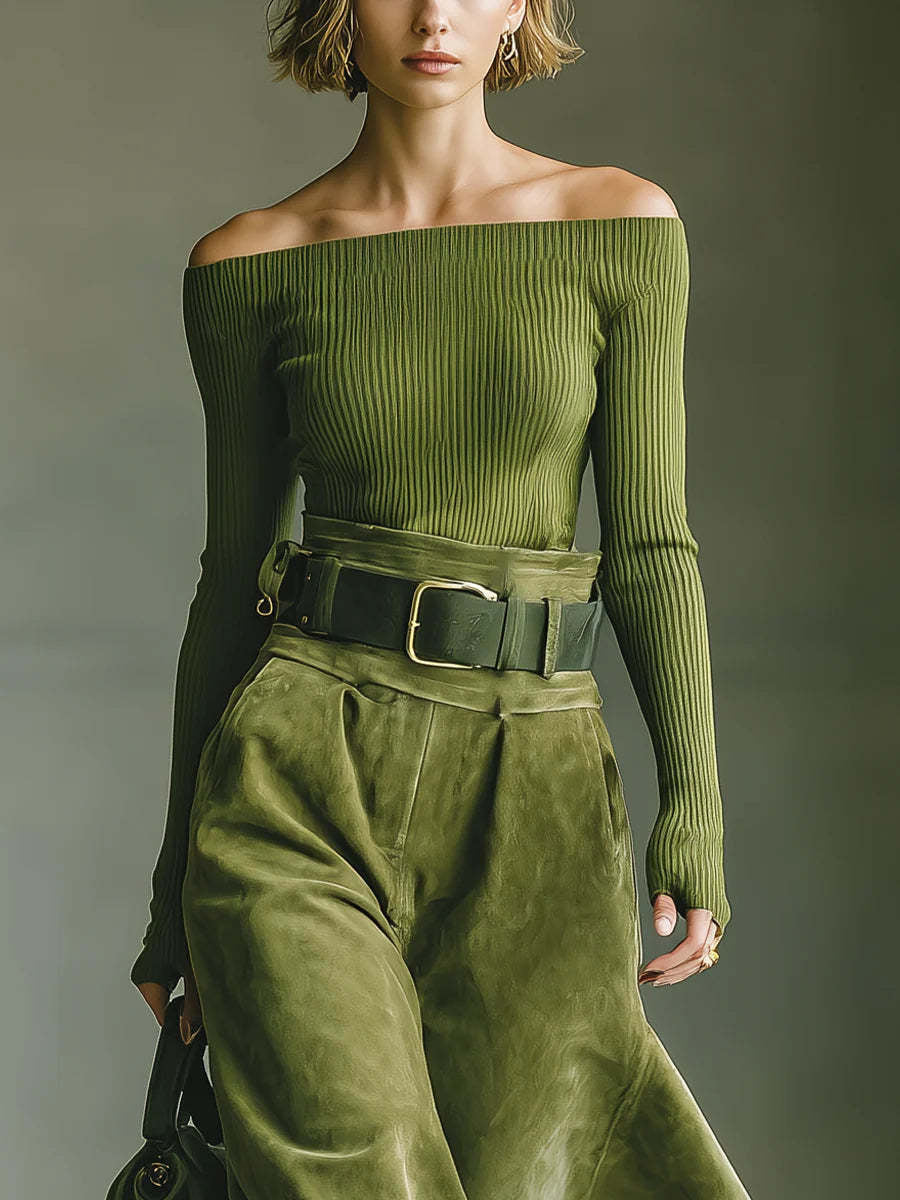 Daily Chamois Sage Green Off The Shoulder Long Sleeve Pocket Casual Knitted Two Piece Skirt Sets