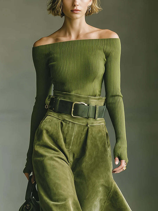 Daily Chamois Sage Green Off The Shoulder Long Sleeve Pocket Casual Knitted Two Piece Skirt Sets