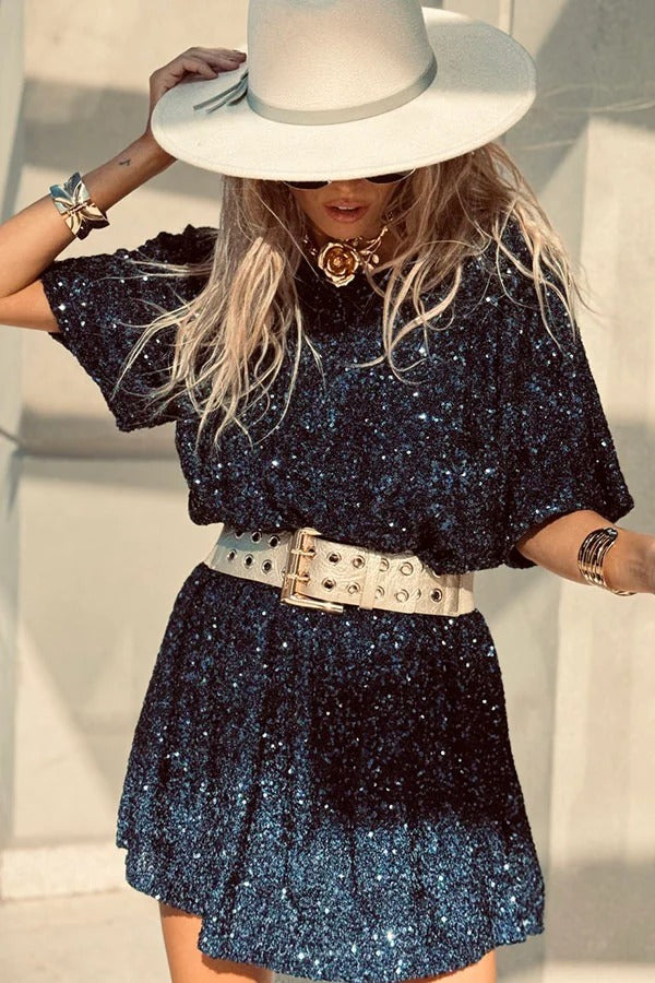 Night Moves Sequin Fabric Short Sleeve Backless H-line Mini Dress