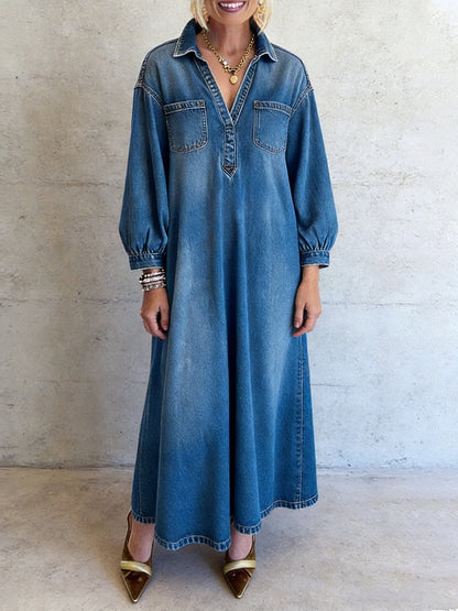 sheenchic Daily Blue Shirt Collar Lantern Sleeve Long Sleeve Pocket Casual Denim Maxi Dresses [Pre-Order]