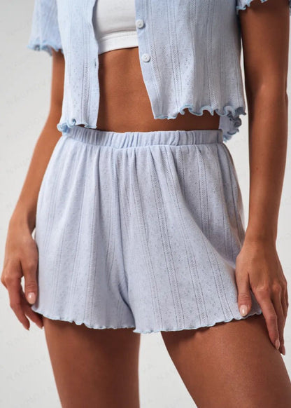 Ruffle Hem Short Sleeve Lounge Set – Light Blue