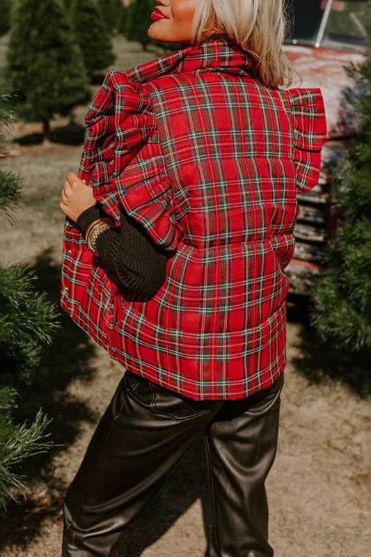 Red Plaid Ruffle Puff Sleeve Down Vest