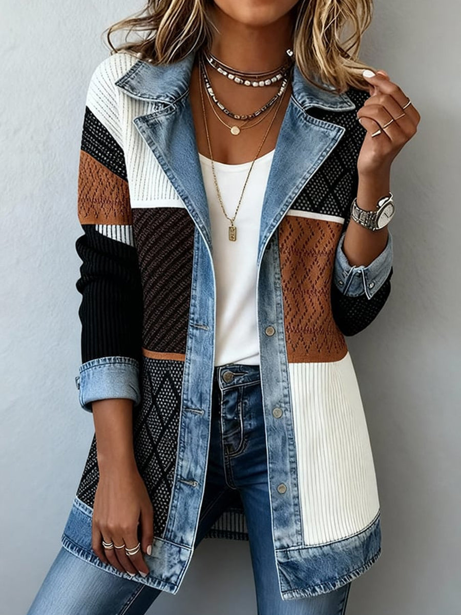 Daily Knitted Black Turndown Collar Long Sleeve Contrast Casual Button Denim Cardigans