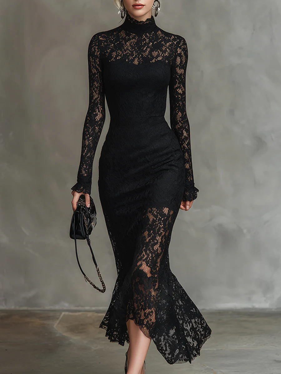 Daily Black High Collar Long Sleeve Mermaid Vintage See Through Lace Midi Dresses