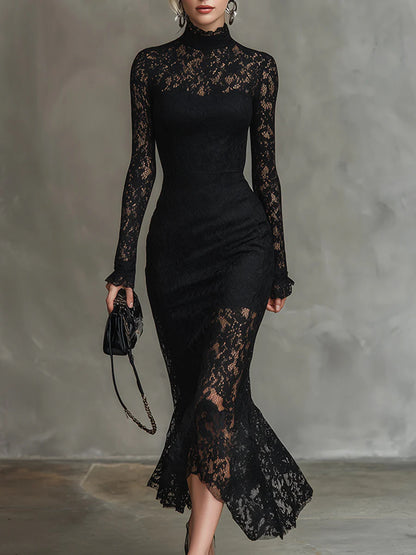Daily Black High Collar Long Sleeve Mermaid Vintage See Through Lace Midi Dresses