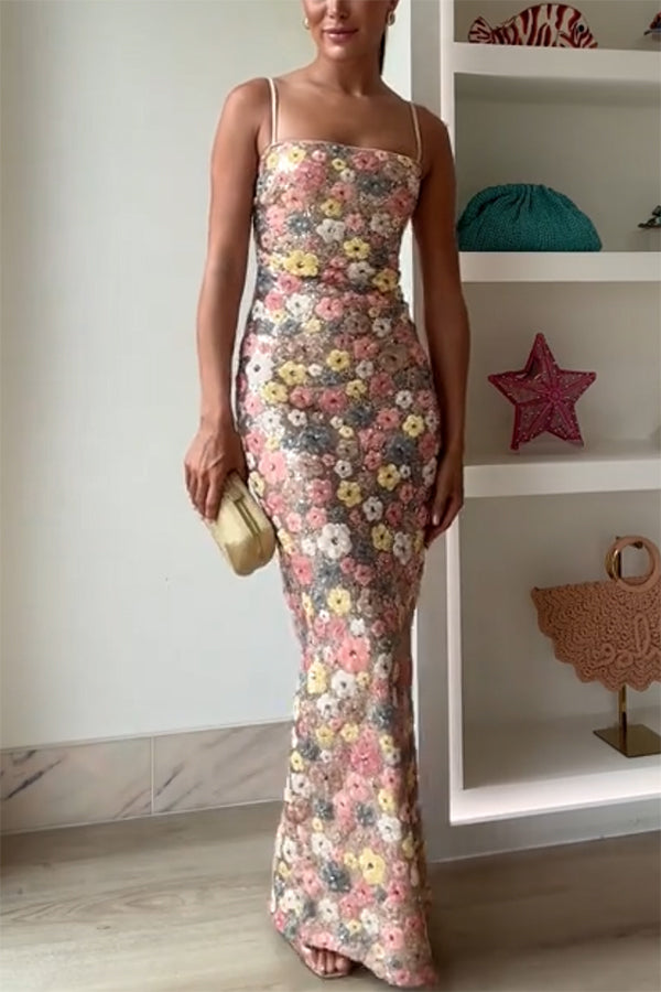 Vestido largo elástico con escote cuadrado y lentejuelas y estampado floral inspirado en los años 80 
