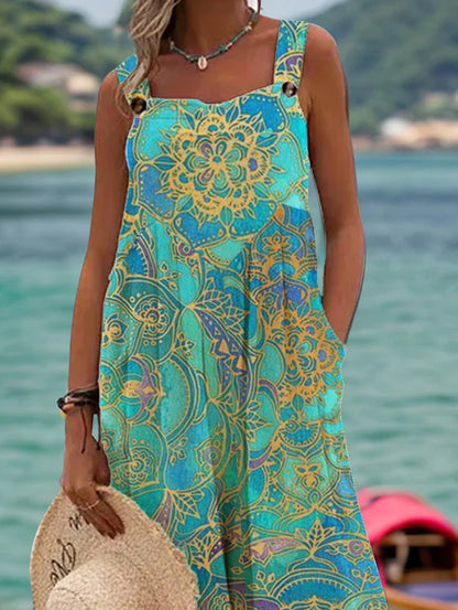 sheenchic Swimwear Retro Ethnic Pattern Pocket Overall Jumpsuit