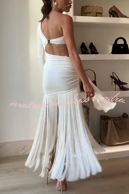 Amazing Type One Shoulder Cutout Drape Tassle Trim Stretch Maxi Dress