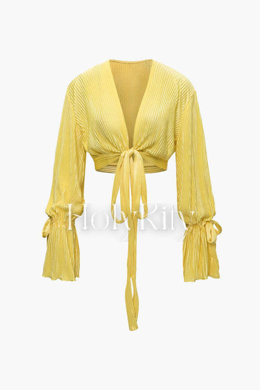 Plisse V-neck Tie Front Crop Top And Lettuce Hem Pants Set