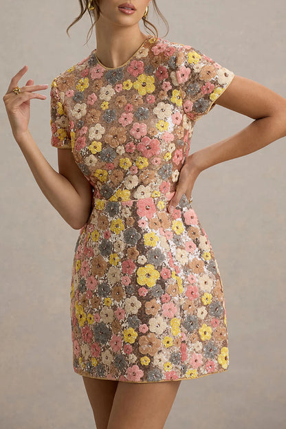 80's Inspired Floral Print Sequin Short Sleeve Stretch Mini Dress