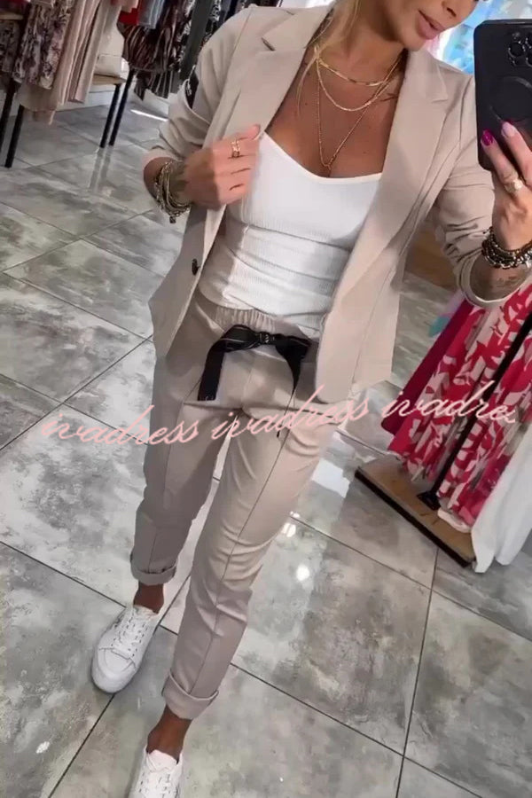 Smart Casual Lapel Blazer and Elastic Waist Tie Pocket Pants Set