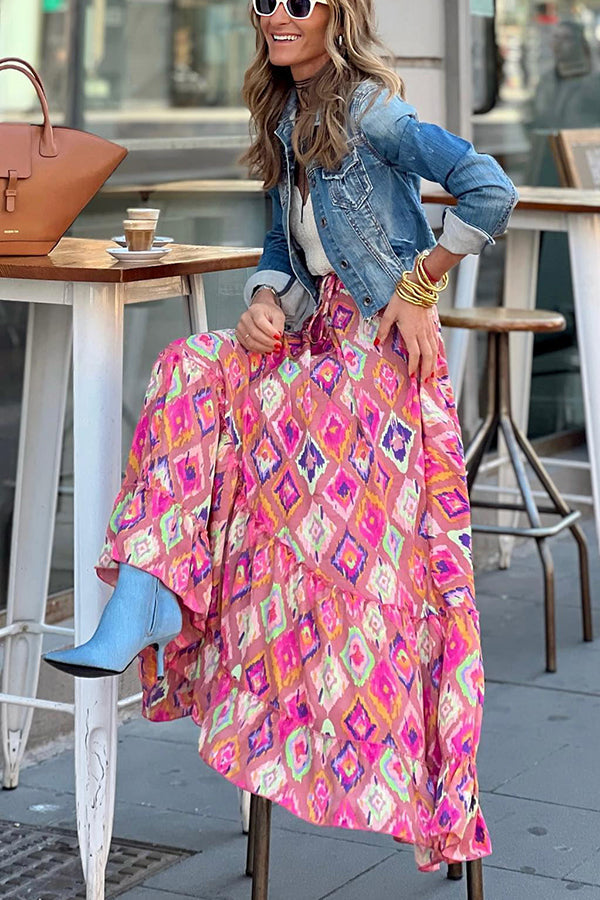 Falda larga con borlas y cintura elástica con estampado bohemio Audrina