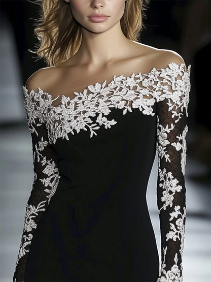 Cocktail Party Black Off The Shoulder Long Sleeve See Through Boho Contrast Lace Midi Dresses