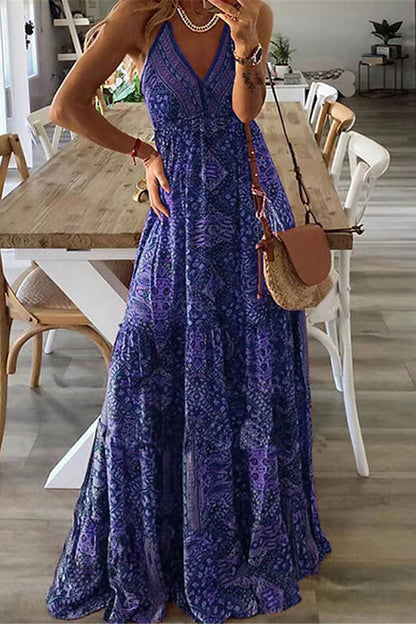 Vestidos largos con cintura elástica y tirantes estampados estilo bohemio celeste 