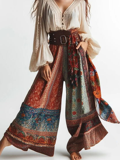 Boho Patchwork Pocket Loose Flare Leg Pants