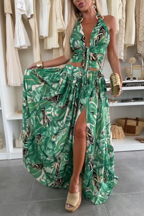 Amazon Scenery Unique Print Tie-up Cutout Waist Ring Halter Slit Maxi Dress