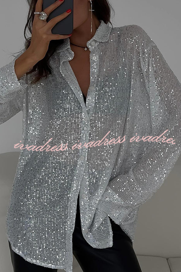 Fashion Sequin Lapel Long Sleeve Loose Shirt