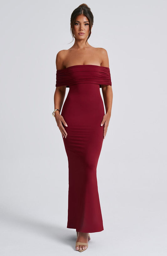 Hills Burgundy Off-Shoulder Maxi Dress
