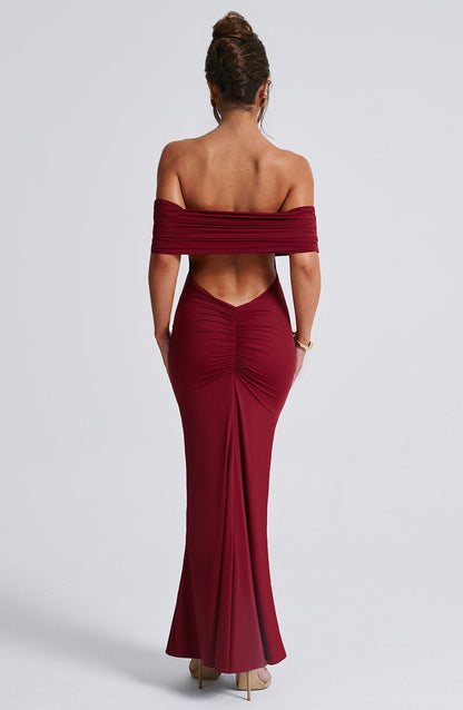 Hills Burgundy Off-Shoulder Maxi Dress