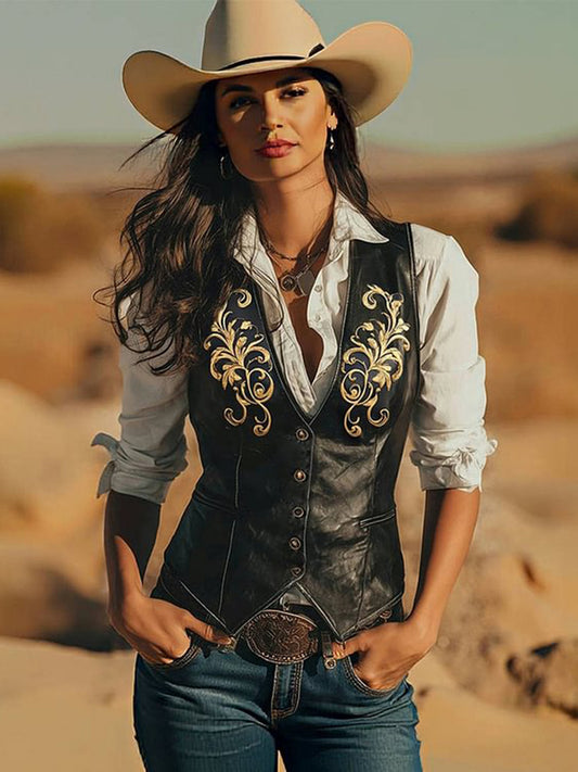 sheenchic Western PU Leather Gold Floral Pattern Single Breasted Vest