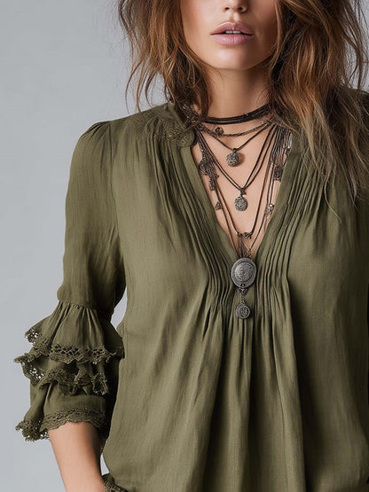sheenchic Vacation Army Green V Neck 3/4 Sleeve Ruffle Vintage Linen Blouses [Pre-Order]