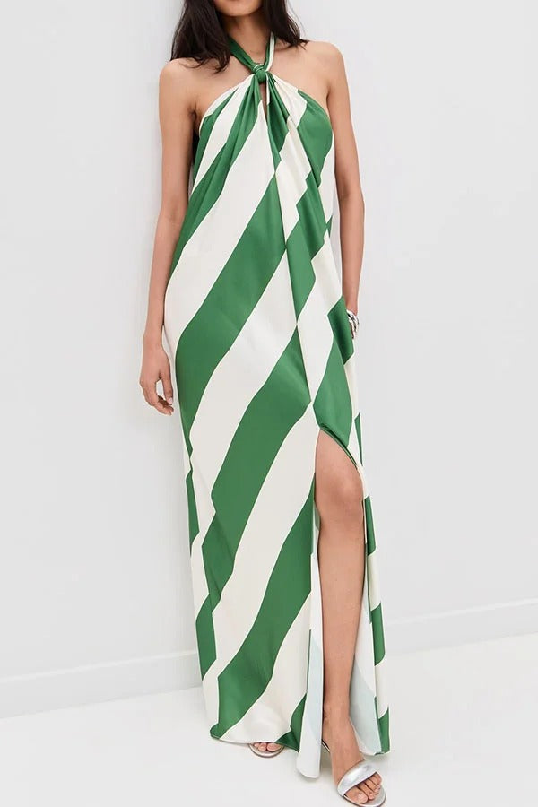 Vestido largo holgado con cuello halter, espalda descubierta, bolsillos y estampado de rayas de ensueño 