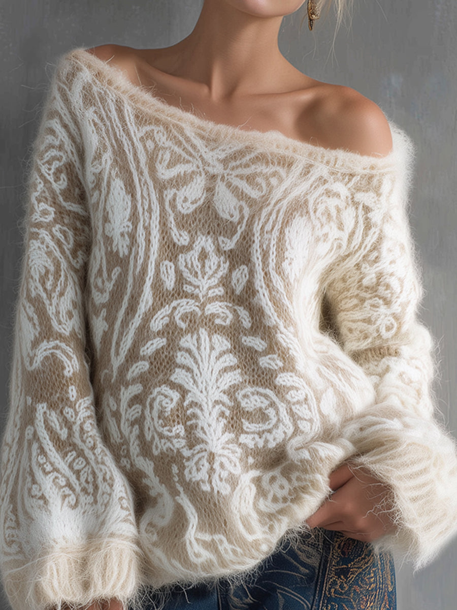 sheenchic Off Shoulder Flare Sleeve Floral Pattern Plush Trim Sweater