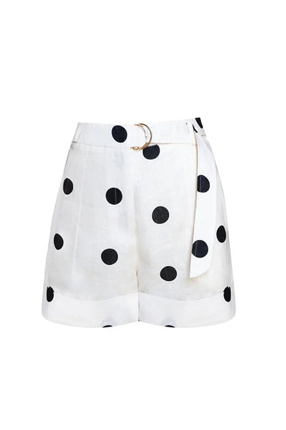 Gabby Linen Blend Polka Dot Tie-up Lapel Halter Vest and Metal Ring Belt Loose Shorts Set