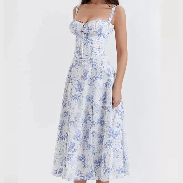Aurora Floral Corset Midi Dress | Sweetheart Neckline, Slit Skirt, Spaghetti Straps