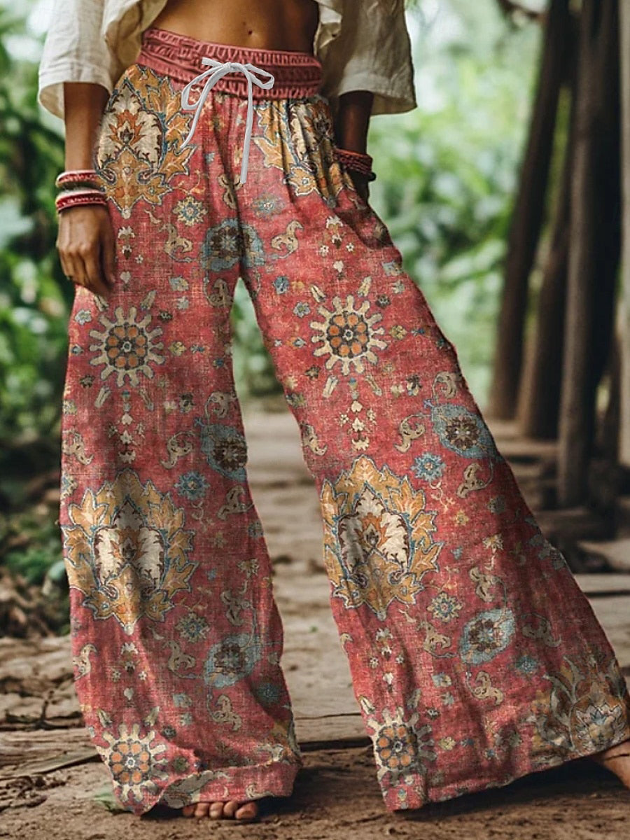 Beach Red Tribal Pocket Boho Ruched Pants