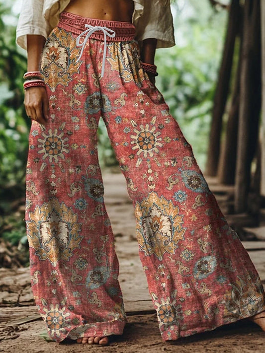Beach Red Tribal Pocket Boho Ruched Pants