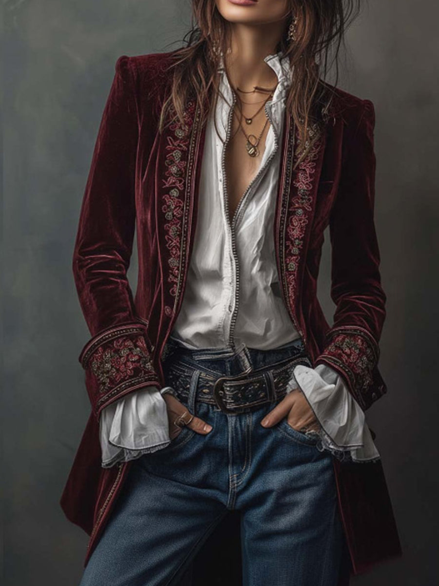 Business Casual Navy Blue Long Sleeve Embroidery Western Pocket Velvet Jacket