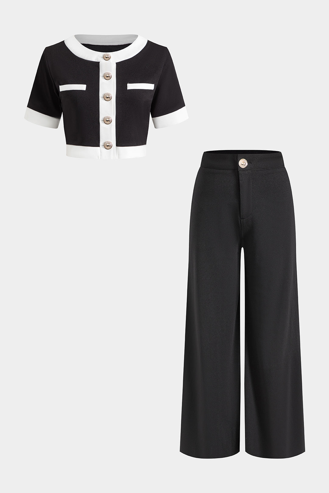 Contrast Metallic Button Short-Sleeve Shirt And Wide Leg Trousers Set