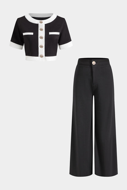 Contrast Metallic Button Short-Sleeve Shirt And Wide Leg Trousers Set