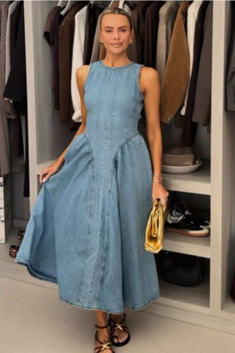 Vestido midi de mezclilla elástico, clásico y elegante, con espalda abierta y lazo en la cadera.