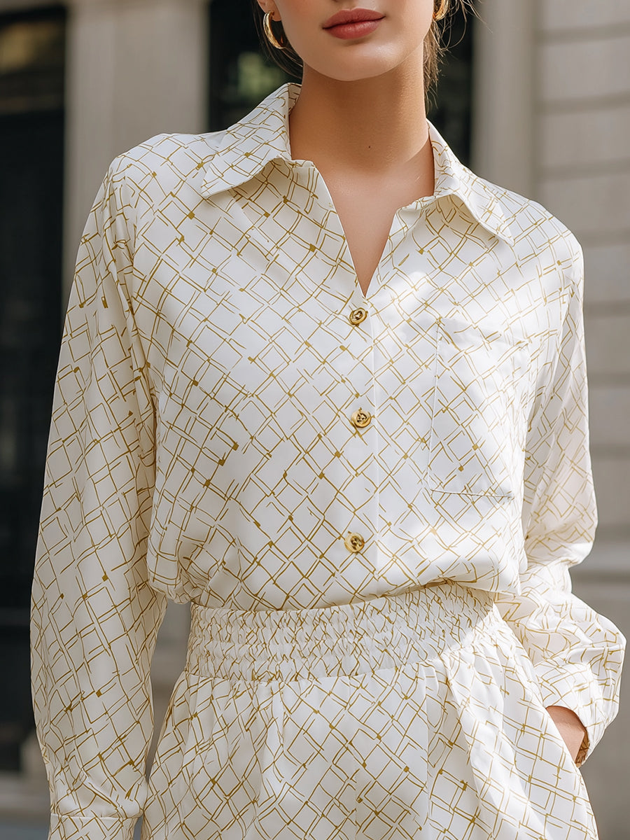 Long Sleeve Printed Shirt And Elastic Waist Shorts Set