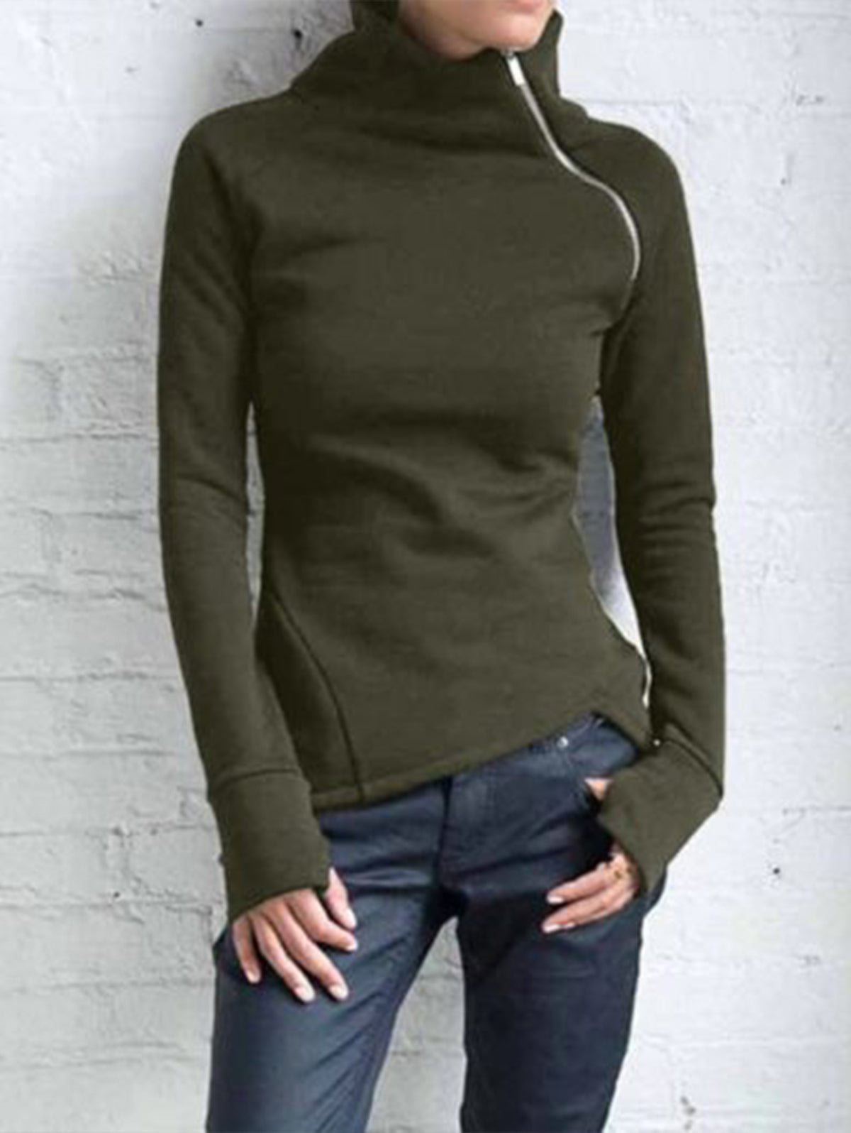Casual High Neck Slant Zipper Long Sleeve Sweatshirt