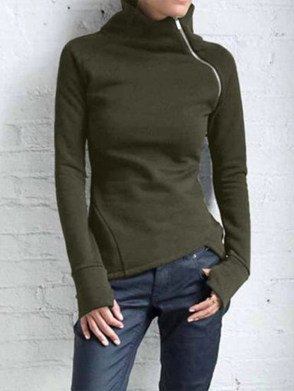 Casual High Neck Slant Zipper Long Sleeve Sweatshirt