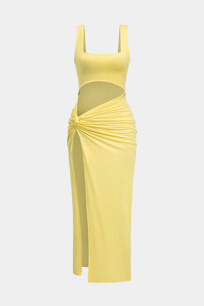 Solid Twist Front Cut Out Slit Midi Dress