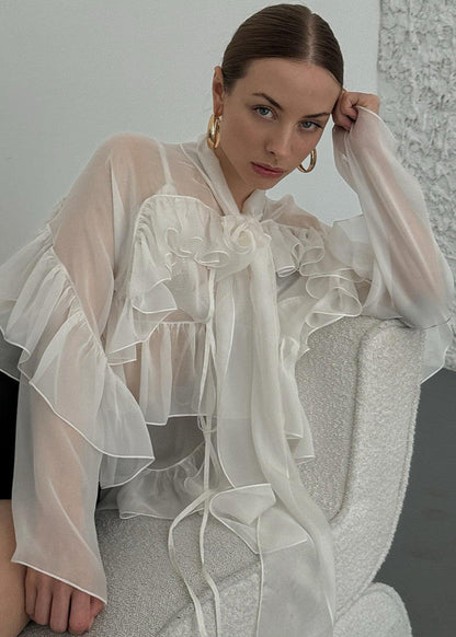 Sierra - Sheer Ruffle Tie-Front Blouse