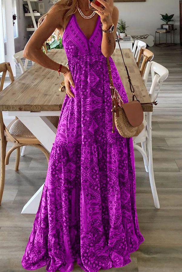 Vestidos largos con cintura elástica y tirantes estampados estilo bohemio celeste 