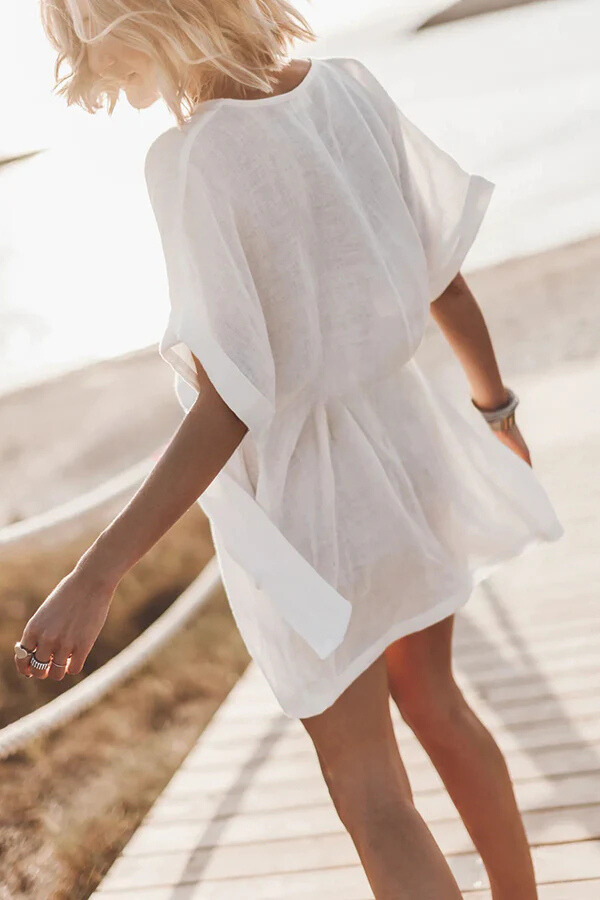 Vestido mini kimono de mezcla de lino y algodón con cinturón y bolsillos