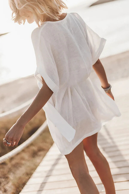 Vestido mini kimono de mezcla de lino y algodón con cinturón y bolsillos