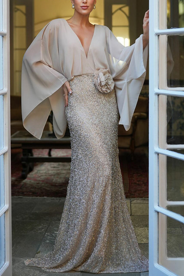 Vestido largo de gasa con mangas murciélago y bordado de flores en la cintura con lentejuelas de Aleina 