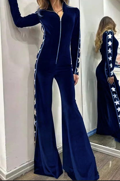 Star-print Velvet Patchwork Zipped Wide-leg Jumpsuit(ONE SIZE DOWN)