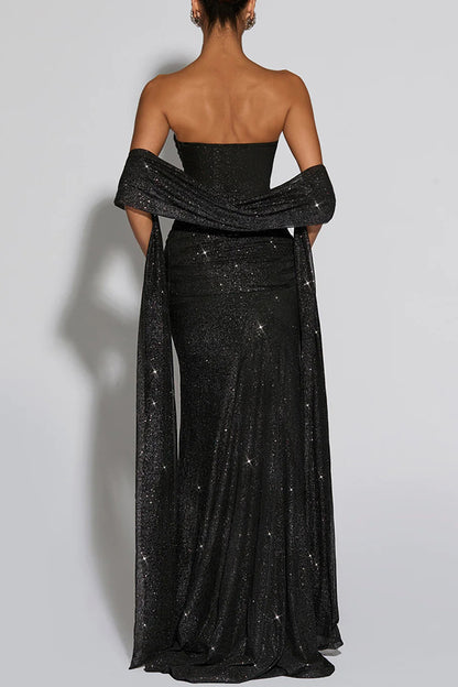 Paula Sequined Mesh and Jersey Off Shoulder Ruched Knot Drape Shawl Maxi Dress